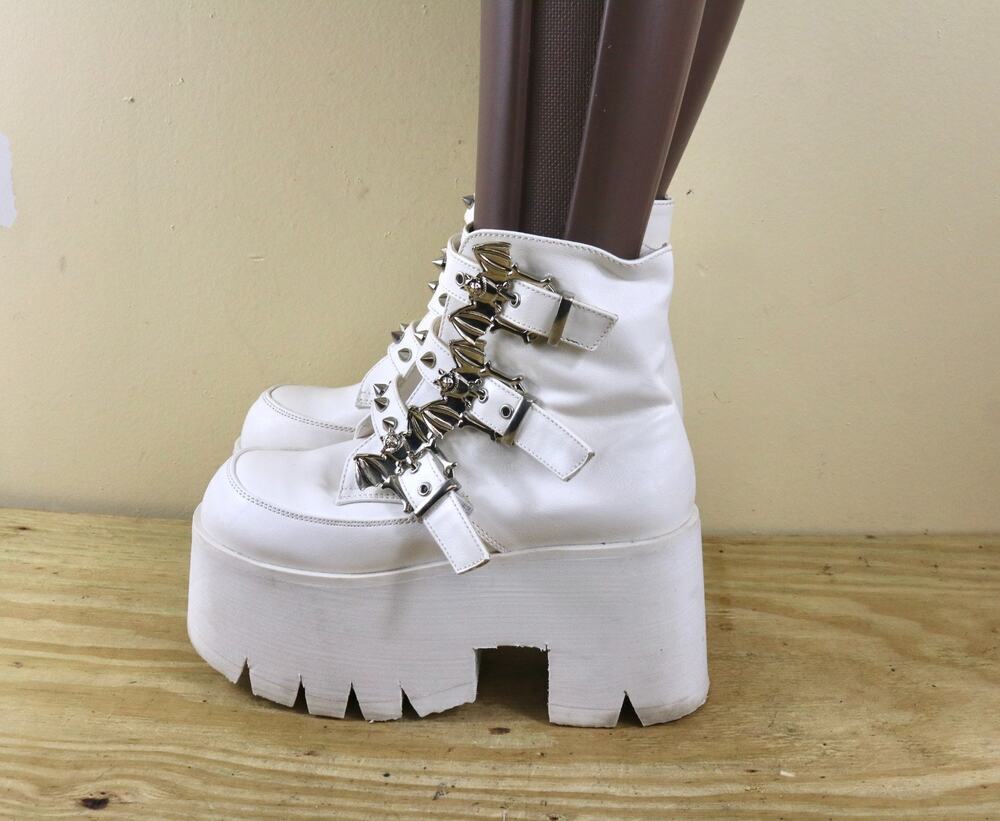 Demonia Boots 7 Ashes 55 White Vegan Leather Chunky Platform Ankle Goth Spikes